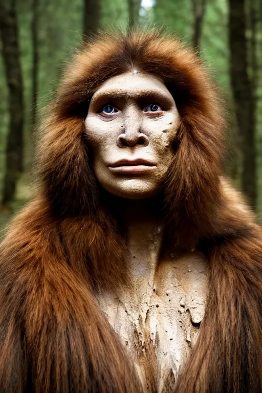 Prompt: a professional portrait photo of a neanderthal woman in the forest in winter, mud on face, black stripe painted side to side across her eyes, ginger hair and fur, extremely high fidelity, natural lighting, still from the movie clan of the cave bear