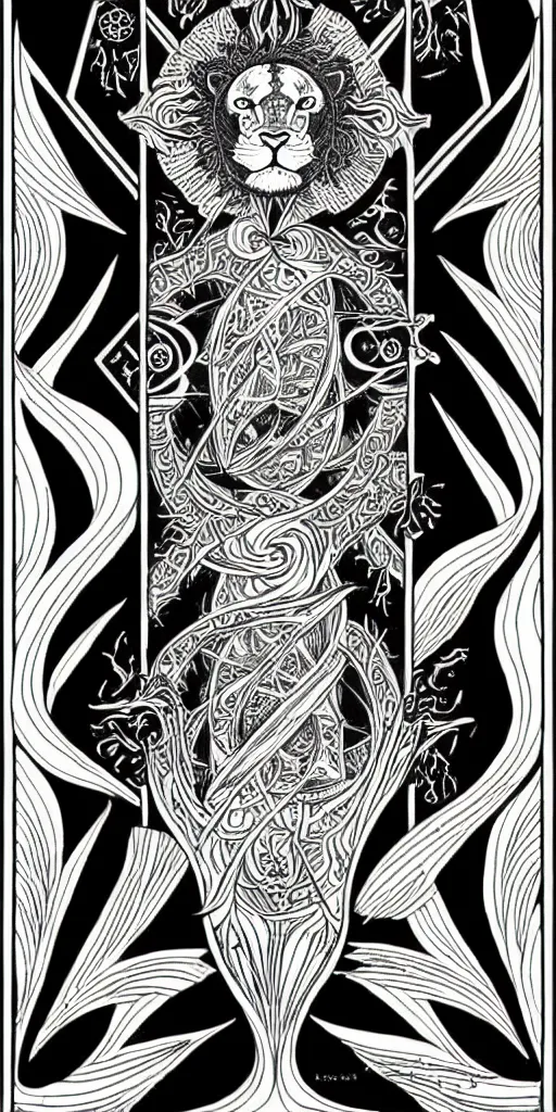 Image similar to a beautiful black and white fractal tarot card featuring bold occult imagery with clean lines. lioness demon. detailed adult coloring book