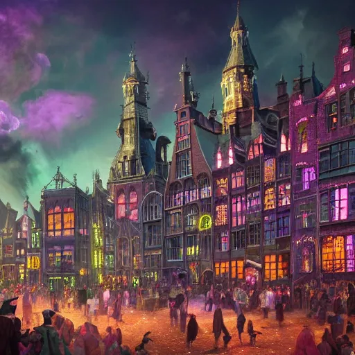 Image similar to A bustling magical town, witches and black cats are dancing around a colorful music festival, the large academy of magic and science can be seen towering in the distance, inspired by Victorian England and Amsterdam, highly detailed, digital painting, artstation, concept art, matte painting, octane render, 8k, unreal engine
