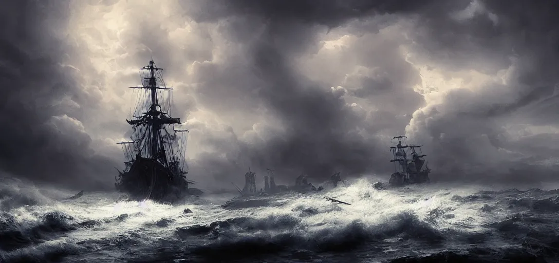 Image similar to wild ocean storm at night, old wooden pirate ship appearing from fog, dramatic lighting, cinematic, establishing shot, extremly high detail, foto realistic, pirates of the carribean, cinematic lighting, post processed, concept art, artstation, matte painting, style by eddie mendoza, raphael lacoste, alex ross