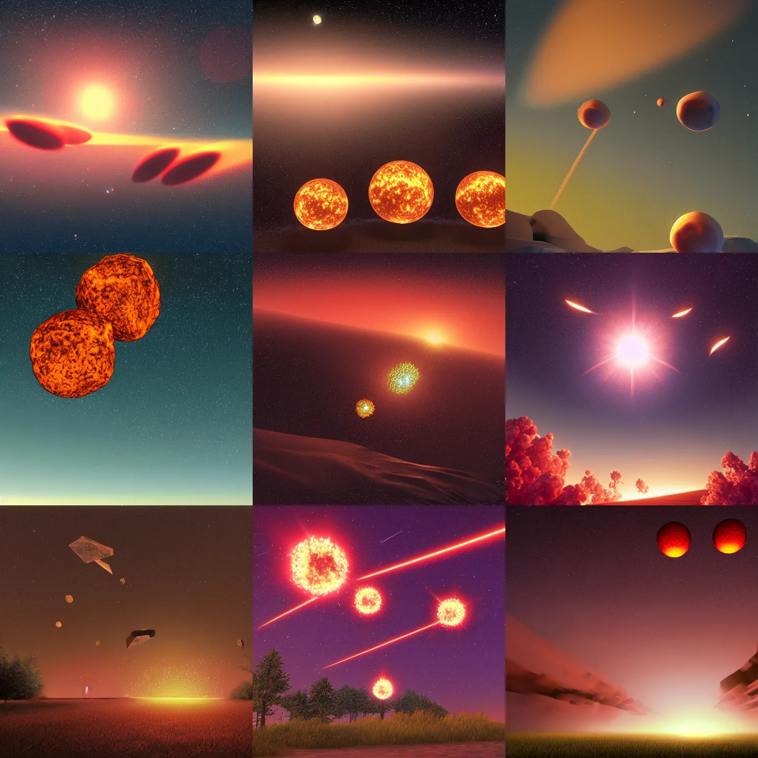 Prompt: three meteor fireballs fall down in the dark sky, at gentle dawn red light, a computer rendering by agnes lawrence pelton, featured on polycount, computer art, rendered in cinema 4 d, octane render, rendered in maya