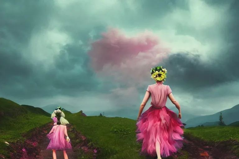 Image similar to giant dahlia flower crown under head, girl walking on mountain, surreal photography, pink storm clouds, dramatic light, impressionist painting, digital painting, artstation, simon stalenhag