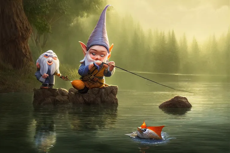 Image similar to legendary elegant gnome fishing in lake, highly detailed, d & d, fantasy, highly detailed, digital painting, trending on artstation, concept art, sharp focus, illustration, global illumination, ray tracing, realistic shaded, art by artgerm and greg rutkowski and fuji choko and viktoria gavrilenko and hoang lap