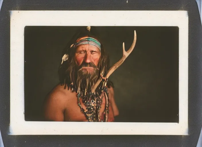 Image similar to over exposed color polaroid photograph of a neolithic european shaman wearing deerskin adorned with trinkets