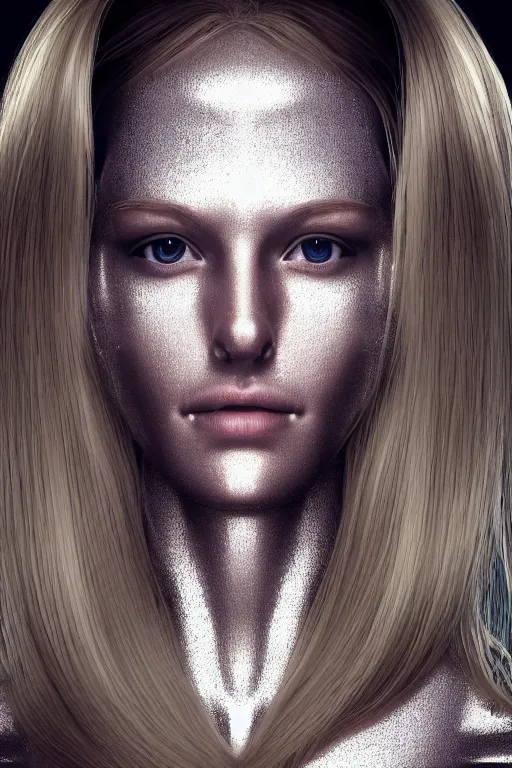 Image similar to robot with human face, female head, full body angle, woman human face, human face realistic, beautiful blonde hair, human head, human head with blonde hair, blonde hair human head, blonde hair, human realistic face, human head skin, cyborg frame concept, cyborg by ales-kotnik, sci-fi android female, the body is made of wires, robotic body, cyborg body, cyborg bust body, robot body cyborg, full body
