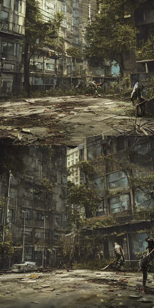 Image similar to an abandoned overgrown city, small amount of zombies lurking around, windows broken, big solo traveller walking in the middle, highly detailed, realistic, asymmetrical, octane render, cinematic, sharp focus