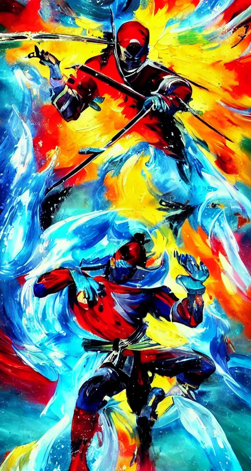 Image similar to colorful beautiful abstract painting, man, ninja with katana of water wave, full body, water fists of fury, jumping leaping heroic attack, action scene, ultra detailed