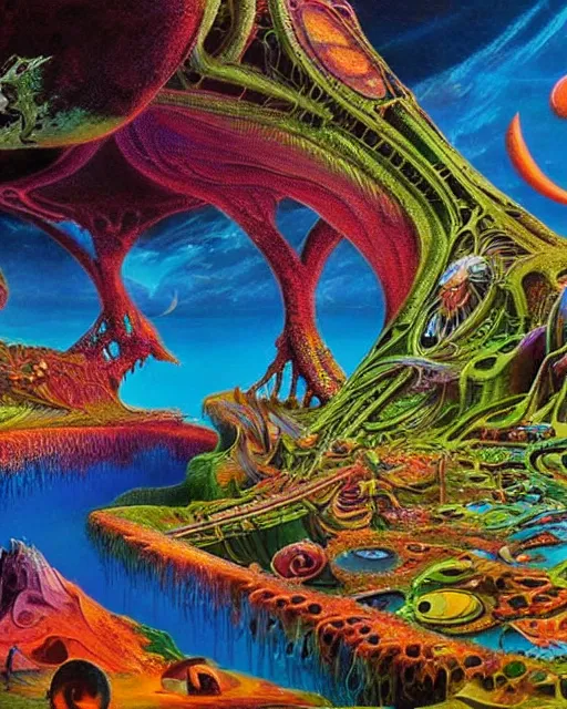 Image similar to rave party on a blue planet by roger dean, biomechanical, 4 k, hyper detailed