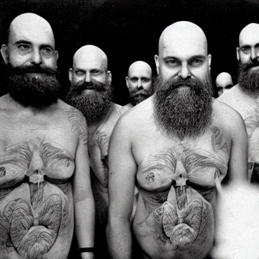 Image similar to secret photos of a cult hidden underground in brisbane. everyone must not wear pants, only shirts, all their hair is shaved off but beards are aloud. you must carry a large vegetable at all times. very creepy photos of this strange cult in the year 1 9 9 7