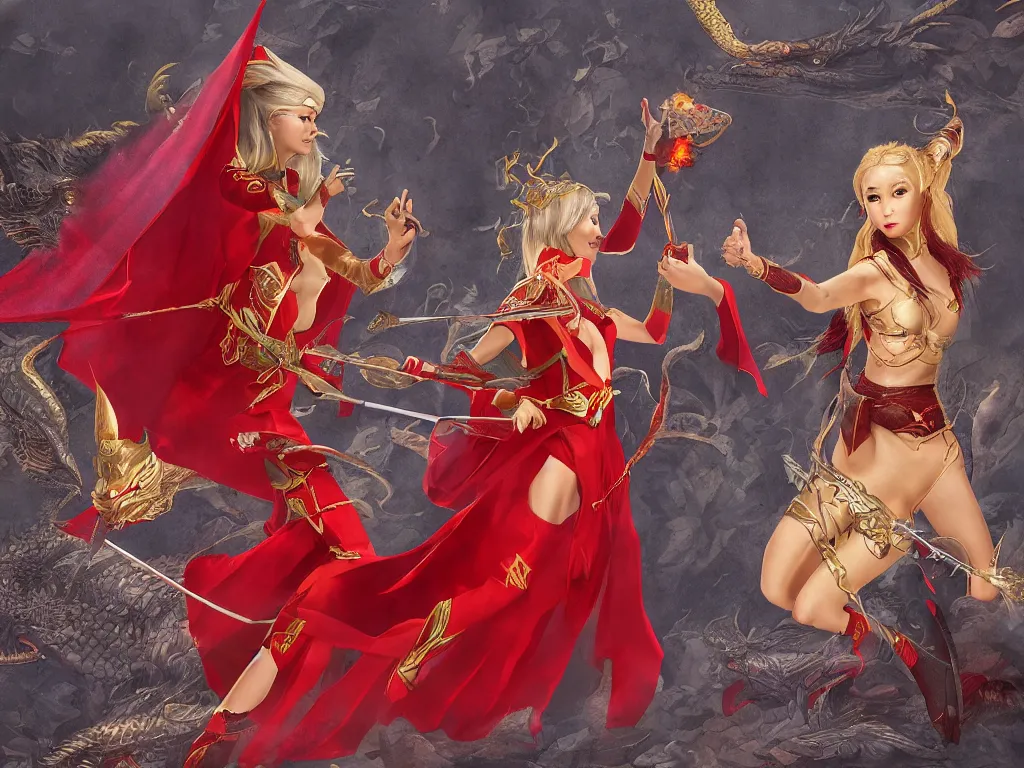 Image similar to a realistic asian fantasy illustration of a female elf mage in a scale mail and a red cape casting a fire spell in a shape of a dragon