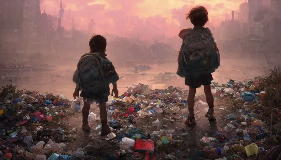 Image similar to poor detailed child with backpack looking for food at garbage dump, city is pure wasteland, moody sunset in background, greg rutkowski, alphonse mucha, trending on artstation, artgerm, unreal engine, breathtaking, award winning, highly detailed