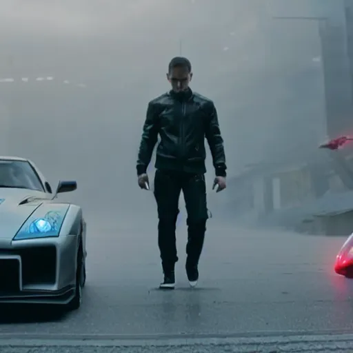 Image similar to cyberpunk Street racer wearing white shirt and black jacket standing next to red Evolution X GTR R35 S15 C3 4 door sports car coupe scene from Bladerunner 2049 Roger Deakins Cinematography movie still 2077