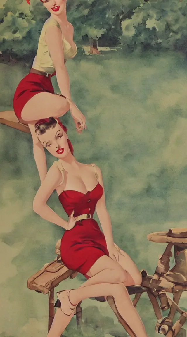 Image similar to full body pin up post war dressing a military unioform,with a park in the back ground, water color, Gil Elvgren style