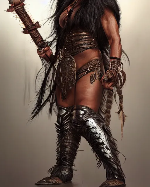 Prompt: Strong native American female beauty with long straight black hair in a ponytail and muscular figure, wearing roman black leather armor with detailed bronze ornaments, she is a fighter holding two sabers in a vivid jungle in natural light, low angle, mist, micro details, octane render, in the style of Anders Zorn and Jaime Jones, trending on artstation, concept art for movies