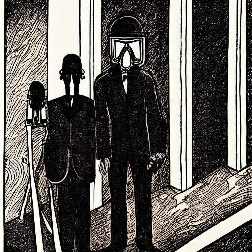 Prompt: A man wearing a suit and a gas mask standing in a white room, illustration, etching, in the style of Otto Dix, great quality