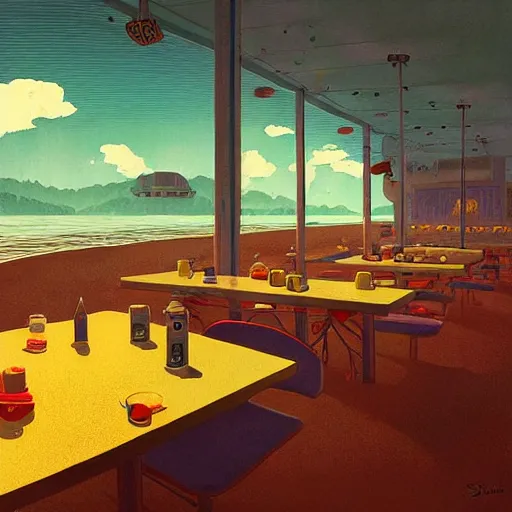 Image similar to inside diner at the beach by simon stalenhag