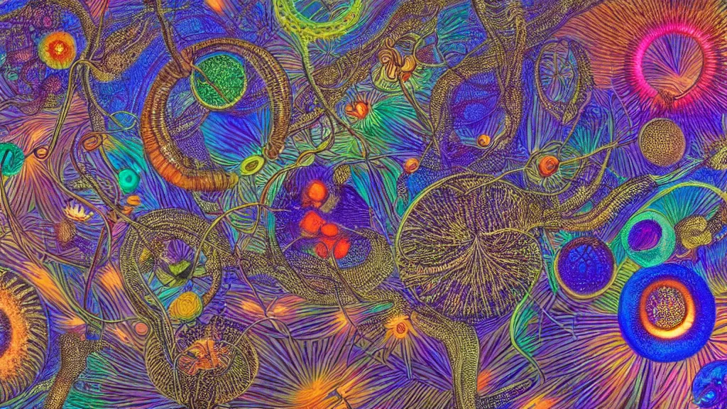 Image similar to quantum connections represented as symbiotic organisms like cells playing around with colorful lights by ernst haeckel