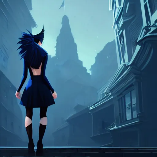 Image similar to low - angle shot from behind of a long blue ponytail girl in a tailcoat overlooking noxus, noir, screenshot, sharp focus, intricate, illustration, cell shaded, digital painting, highly detailed, art by ilya kuvshinov, wlop, greg rutkowski, studio quality, james jean