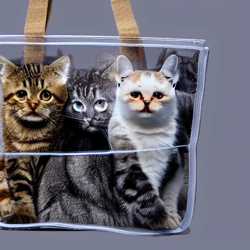 Image similar to a highly detailed photo of a big transparent bag full of furry cats, gray background, studio lighting, 4 k, 8 k