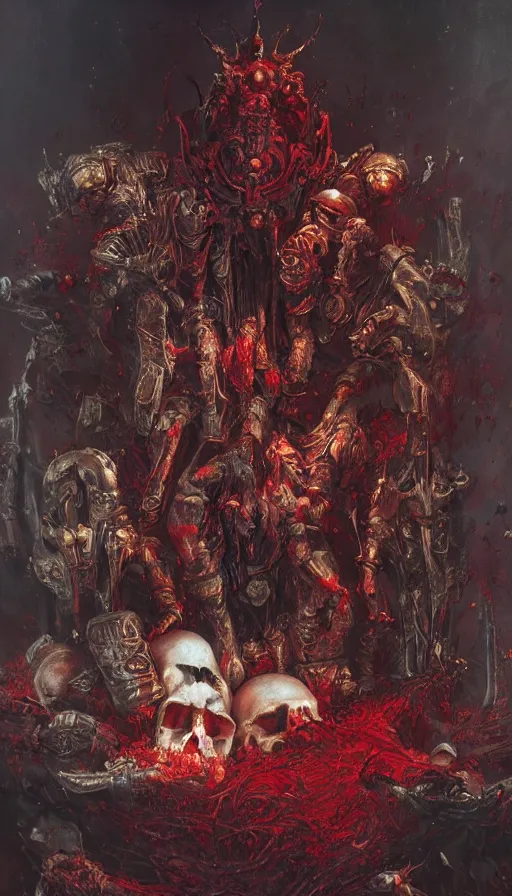 Prompt: Blood for the blood god, Skulls for the skull throne by Adrian Smith and Delphin Enjolras and Ilya Repin