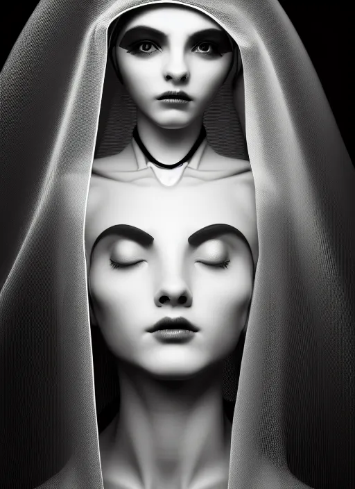 Image similar to surreal mythical dreamy dark artistic black and white fine art fashion portrait photo of a young beautiful delicate female robot - nun, spiritual, halo, glory, rim light, cinematic, studio dramatic light, poetic, masterpiece, octane render, 8 k, photo - realistic by gustave dore william black