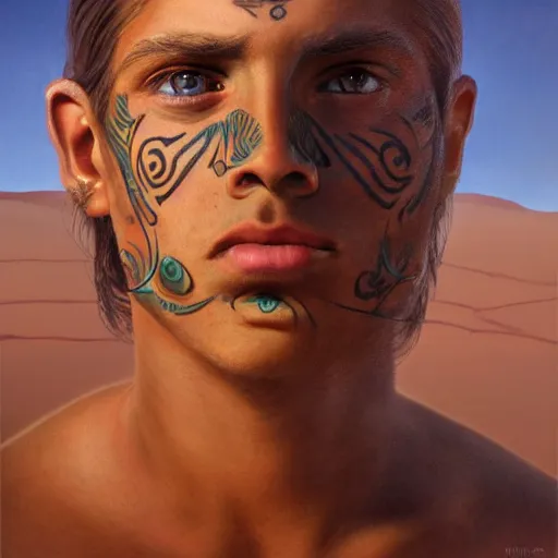 Image similar to a detailed portrait of a tan boy with a small face tattoo in the desert, fantasy art illustration, incredibly highly detailed and realistic, 8 k, sharp focus