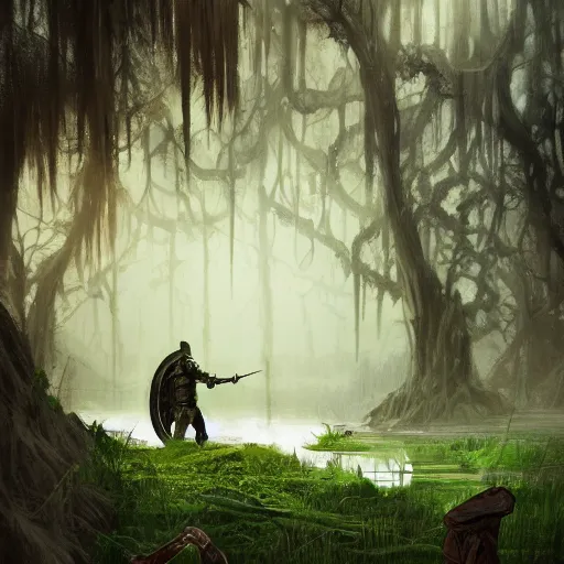 Image similar to A knight treking across a swamp with a caste in the background, green color scheme with hints of red and yellow, digital art, artstation, dramatic lighting, intricate, wild, highly detailed, digital painting, artstation, concept art, smooth, sharp focus, illustration, art by artgerm and greg rutkowski.