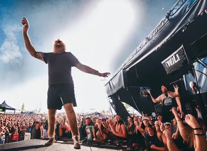 Image similar to photo still of sasquatch on stage at vans warped tour!!!!!!!! at age 4 8 years old 4 8 years of age!!!!!!! throwing rocks and berries at the crowd, 8 k, 8 5 mm f 1. 8, studio lighting, rim light, right side key light