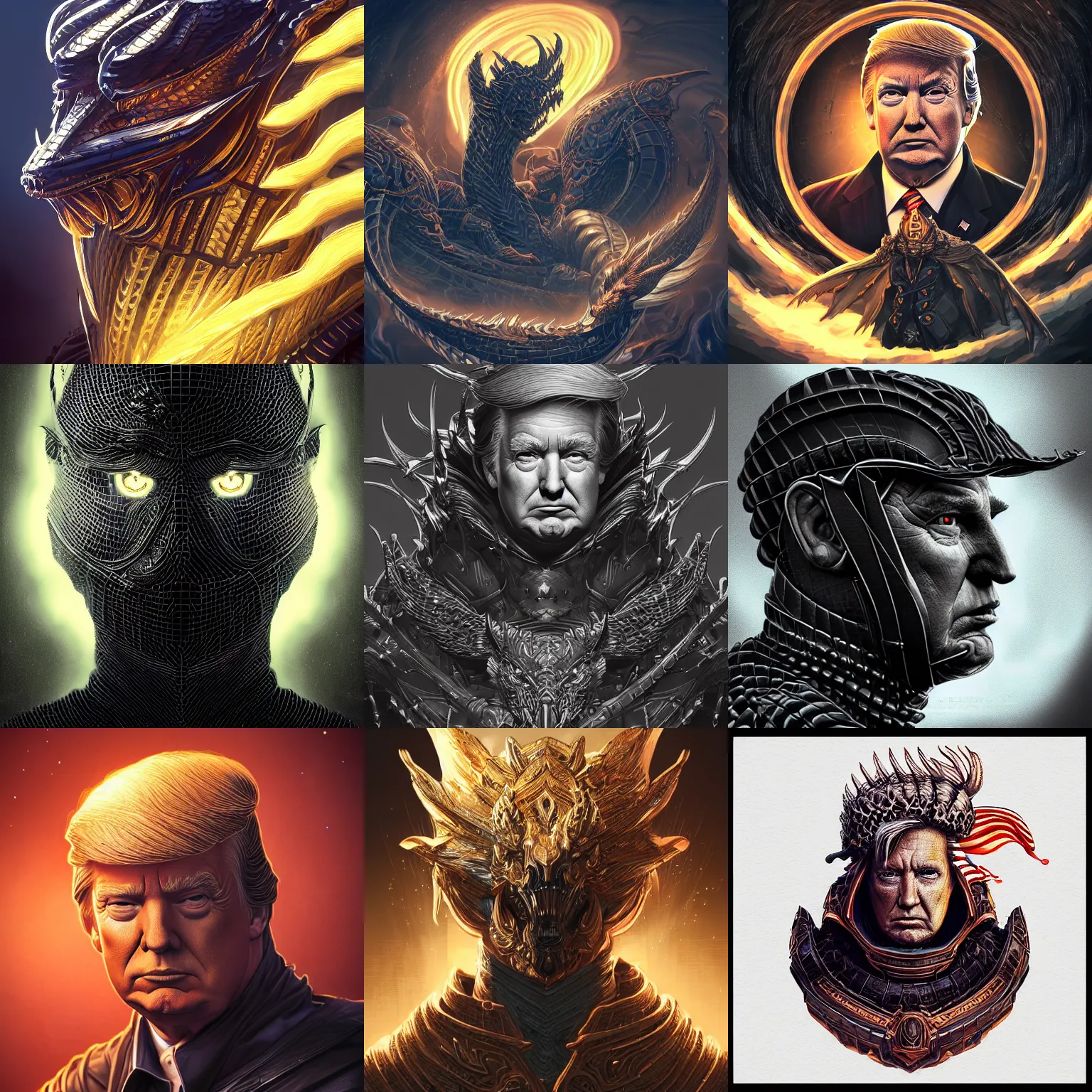 Prompt: portrait isometric drawing, donald trump in black dragon armor, intricate, epic lighting, cinematic composition, hyper realistic, 8k resolution, unreal engine 5, by Artgerm, tooth wu, dan mumford, beeple, wlop, rossdraws, James Jean, Andrei Riabovitchev, Marc Simonetti, yoshitaka Amano, Artstation