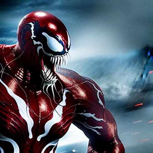 Image similar to movie still venom fused with carnage and ironman