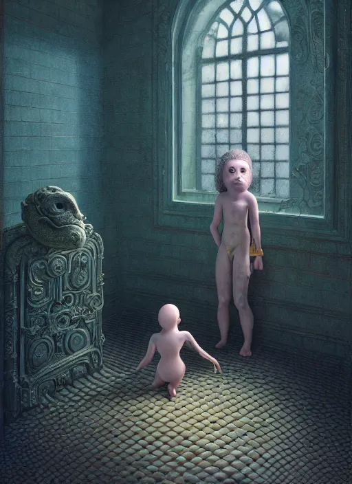 Image similar to hyperreal ultra detailed hypnagogic recollections from the waters of the unconscious. a 3 d psychopomp watching on. a child's face in the mirror, a doorway threshold, a snake, sharp focus, a digital egregore, global illumination, ornate, art by shaun tan, fenghua zhong and daniel merriam and dan mumford octane render