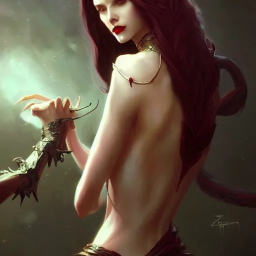 Image similar to desirable Vampire woman, fantasy, intricate, elegant, highly detailed, digital painting, artstation, concept art, matte, sharp focus, illustration, art by artgerm and Greg Rutkowski, dreadjim, zeen chin