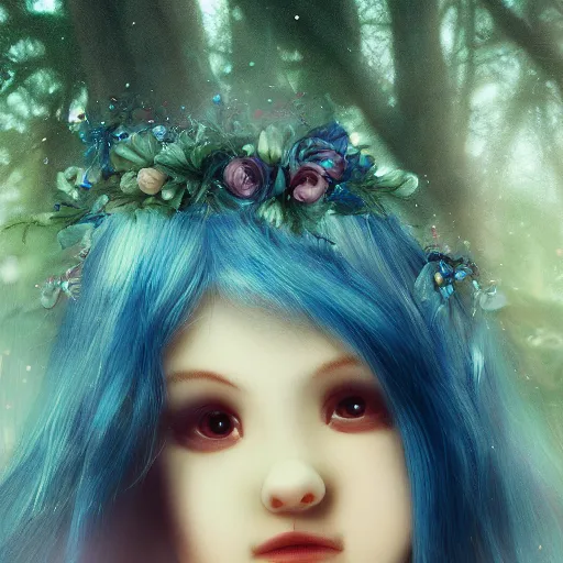 Prompt: blue snappy doll in magical forest, gifts, dark atmosphere, high detail, soft lighting, 8 k