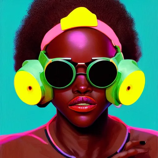 Prompt: Lupita Nyongo wearing opaque reflective goggles profile picture by Greg Rutkowski, brown skin, long afro hair, asymmetrical, futuristic, neon volumetric lights, cool colors, streetwear, studio ghibli, Organic Painting , Matte Painting, geometric shapes, hard edges, street art, trending on the artstation, fantasy LUT, realistic by Sachin Teng + Martin Grip + Moebius, techwear, Industrial Scifi, detailed illustration, character portrait,