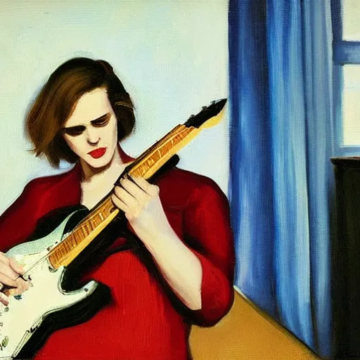 Prompt: Anna Calvi playing electric guitar, oil painting by Edward Hopper