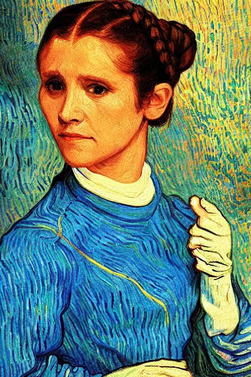 Prompt: bright beautiful oil painting portrait of young princess leia in 1 9 th century breton clothing, light scatter, van gogh