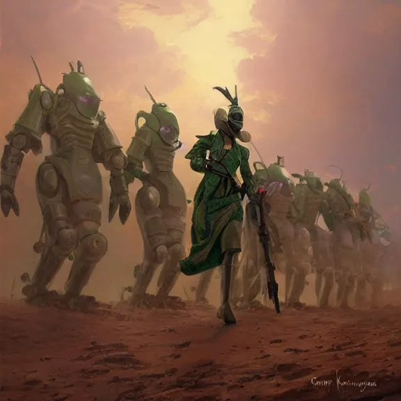 Prompt: fantasy painting of a woman wearing a green military uniform and a mask, marching across the desert with an army of robots, by greg rutkowski and thomas kinkade, ambient light, ultra detailed, 8 k, very very very very very very beautiful, oil on canvas, trending on artstation, award winning, beautiful scenery.