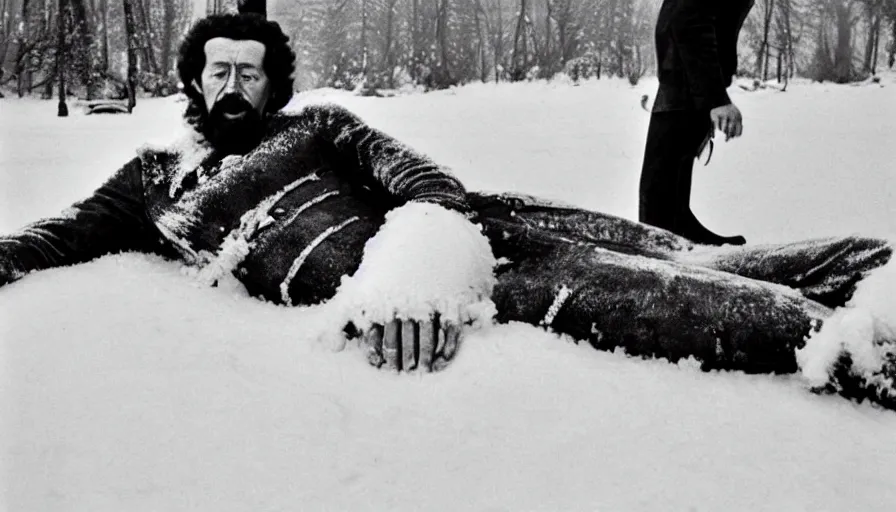 Image similar to 1 9 6 0 s movie still close up of marcus aurelius wearing chestplate and dape frozen to death under the snow by the side of a river with gravel, pine forests, cinestill 8 0 0 t 3 5 mm b & w, high quality, heavy grain, high detail, texture, dramatic light, anamorphic, hyperrealistic, detailed hair, foggy