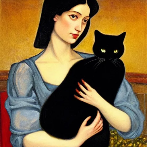 Image similar to a painting of a woman holding a black cat, an art deco painting by federico zandomeneghi, featured on deviantart, gothic art, pre - raphaelite, gothic, goth