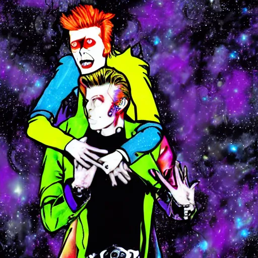 Image similar to david bowie getting a piggy back ride from ziggy stardust, digital art, glam rock. pop art background.
