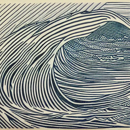 Prompt: line drawing of a crashing ocean wave, thin long fine lines, ultra detailed, woodblock print