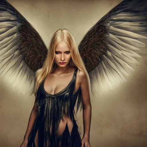 Prompt: very pretty blond female angel with huge wings in a dark cave, perfect symmetrical face, shallow depth of field, moody lighting, single point of light, 8 k, cultural realistic, in the style of martina fackova,