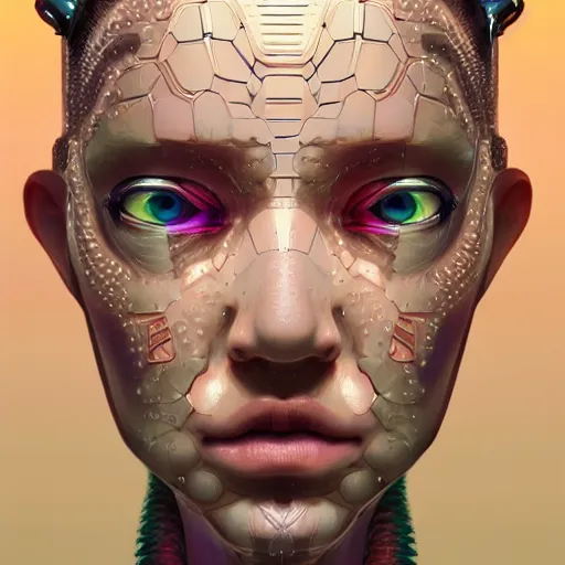 Prompt: hyperrealistic photograph of a highly detailed portrait of beautiful pearlescent cyborg, in the style of jin kagetsu, james jean and wlop, chuck close, highly detailed, face symmetry, highly realistic hands, masterpiece, award - winning, sharp focus, intricate concept art, ambient lighting, 8 k, artstation,