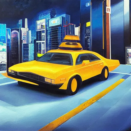 Image similar to flying futuristic taxis in cyberpunk city, hyperrealism oil painting