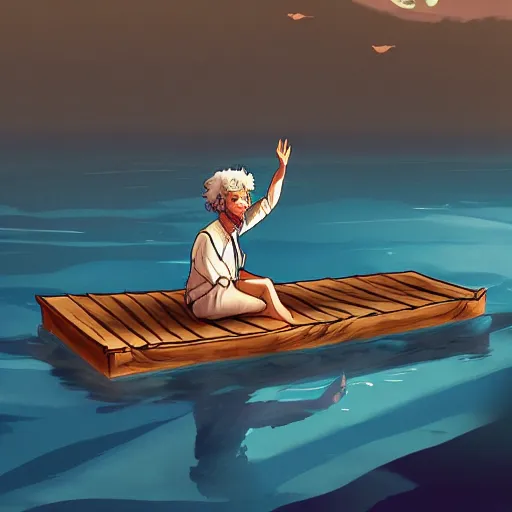 Image similar to Mark Twain as Huck Finn on a raft going down the river, ambient lighting, 4k, anime key visual, lois van baarle, ilya kuvshinov, rossdraws, artstation