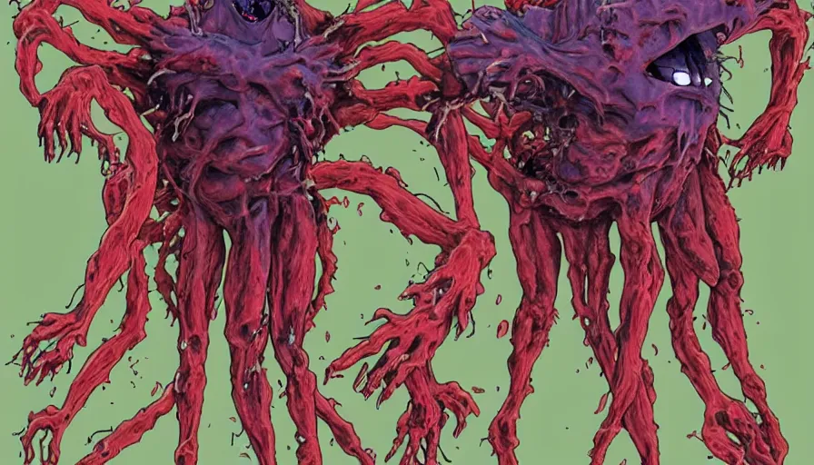 Image similar to a disgusting and vile monster eating a person, neon genesis evangelion inspired, The Thing, Horror necro-morph by Cronenberg and greg nicotero special effects