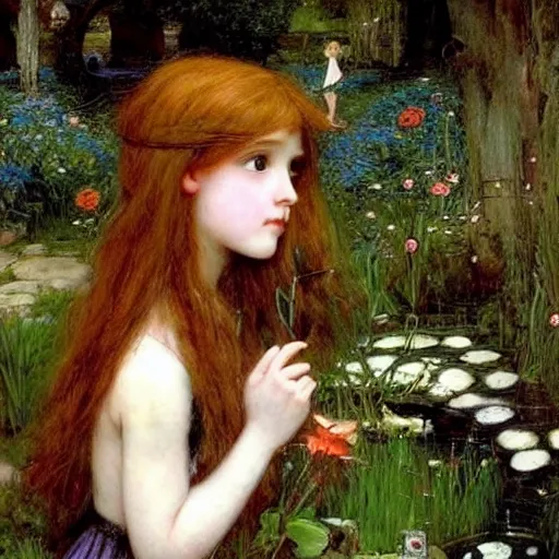Image similar to fairy garden, beautiful, magical, young girls, ginger haired sweet girl, black haired goth girl, john william waterhouse, ethereal