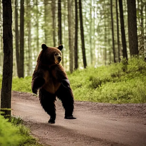 Prompt: a bear running after a person in the forest