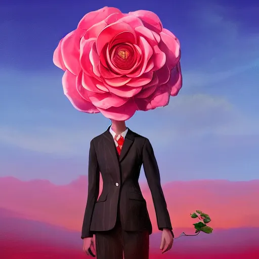 Image similar to portrait, giant rose flower head, girl in a suit, surreal photography, sunrise, blue sky, dramatic light, impressionist painting, digital painting, artstation, simon stalenhag