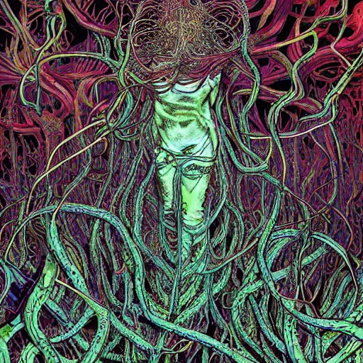 Image similar to psychedelic horror art eldritch forest of fingers and tentacles creepy horror by godmachine victo ngai yoji shinkawa junji ito shintaro kago apophasis hyperrealism photo - realistic demon hyperdetailed photography photorealistic